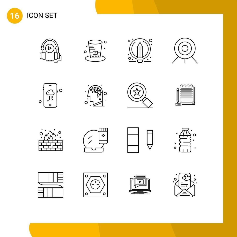 16 Creative Icons Modern Signs and Symbols of rainy mobile writing target archery Editable Vector Design Elements