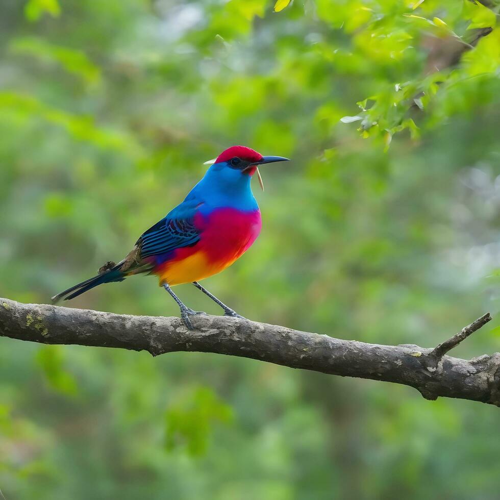 Free photo a colorful bird sits on a branch in the forest