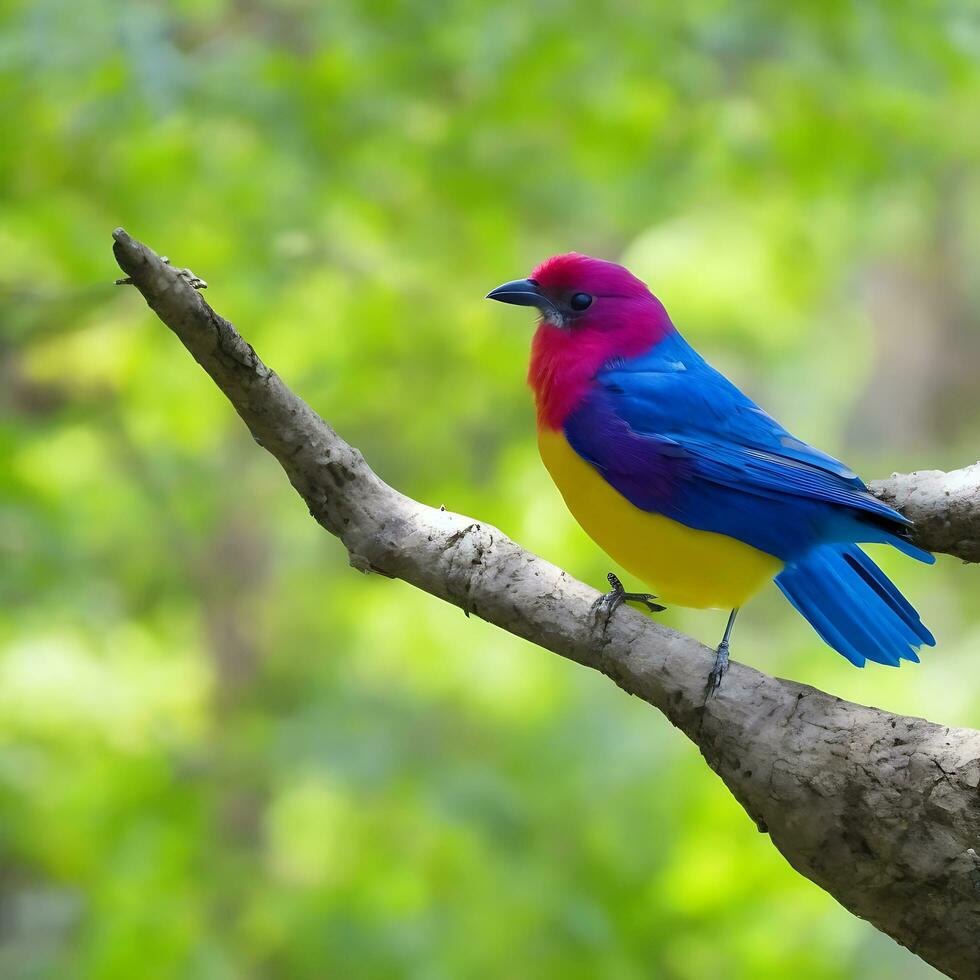 Free photo a colorful bird sits on a branch in the forest