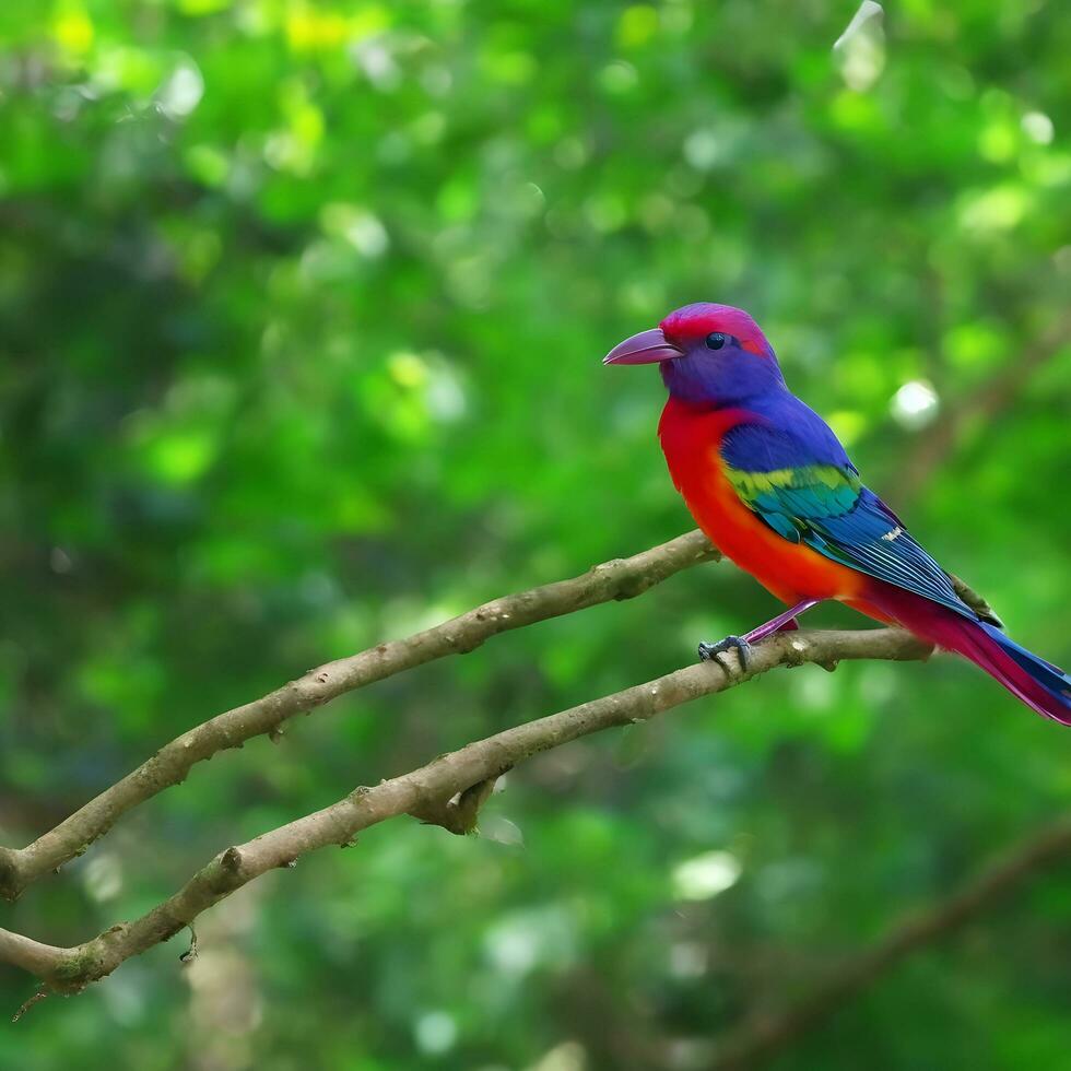 Free photo a colorful bird sits on a branch in the forest