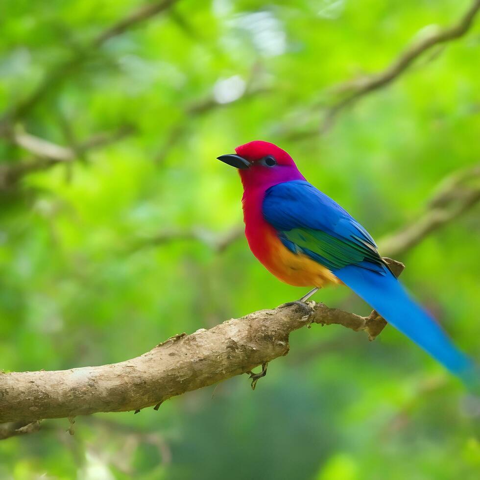 Free photo a colorful bird sits on a branch in the forest