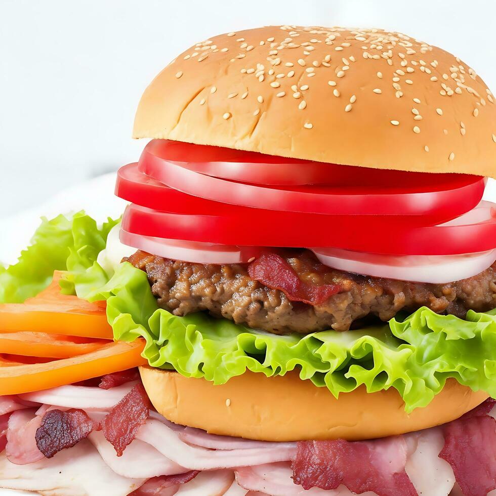 Free photo big sandwich - hamburger burger with beef, red onion, tomato and fried bacon