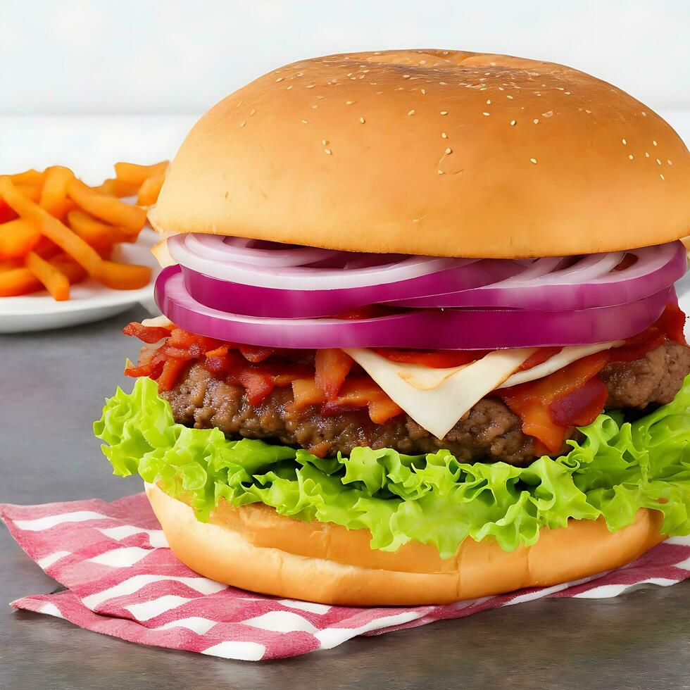 Free photo big sandwich - hamburger burger with beef, red onion, tomato and fried bacon