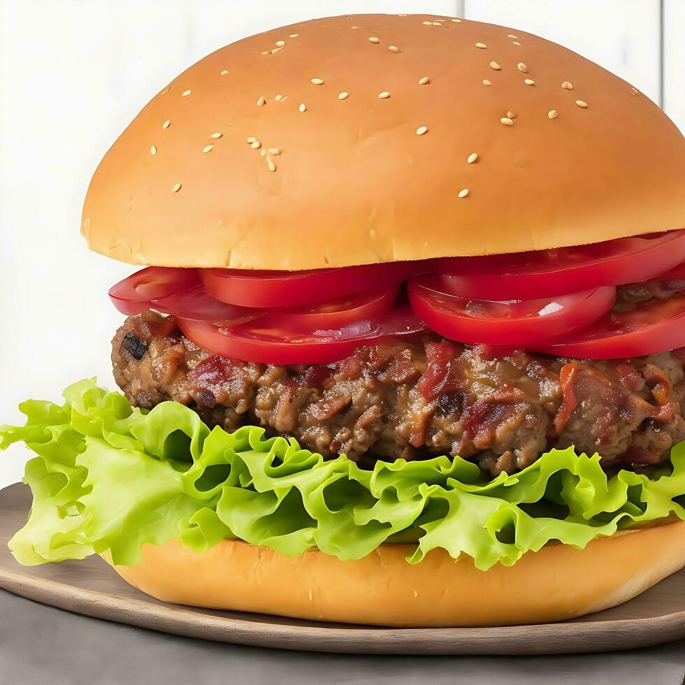 Free photo big sandwich - hamburger burger with beef, red onion, tomato and fried bacon