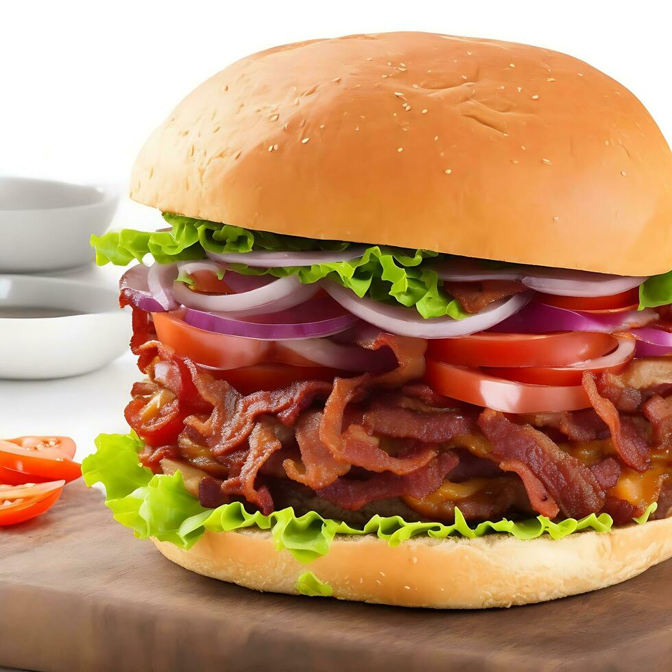 Free photo big sandwich - hamburger burger with beef, red onion, tomato and fried bacon