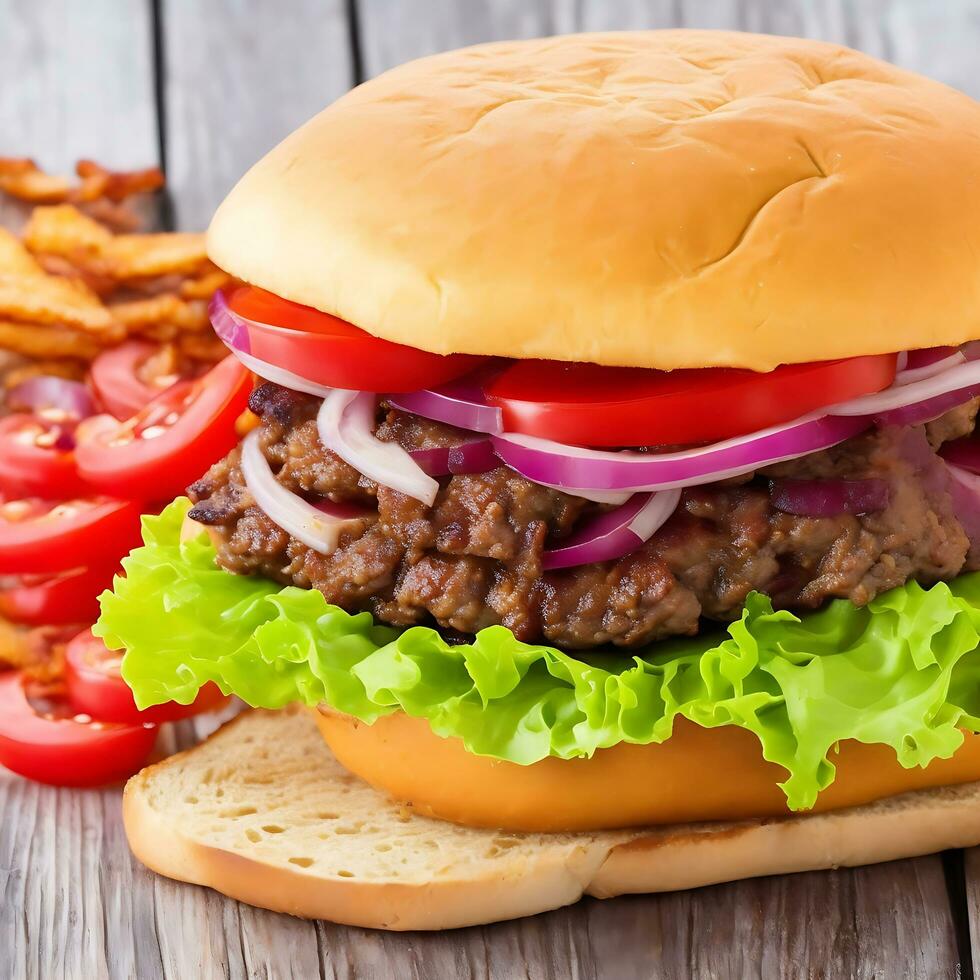 Free photo big sandwich - hamburger burger with beef, red onion, tomato and fried bacon