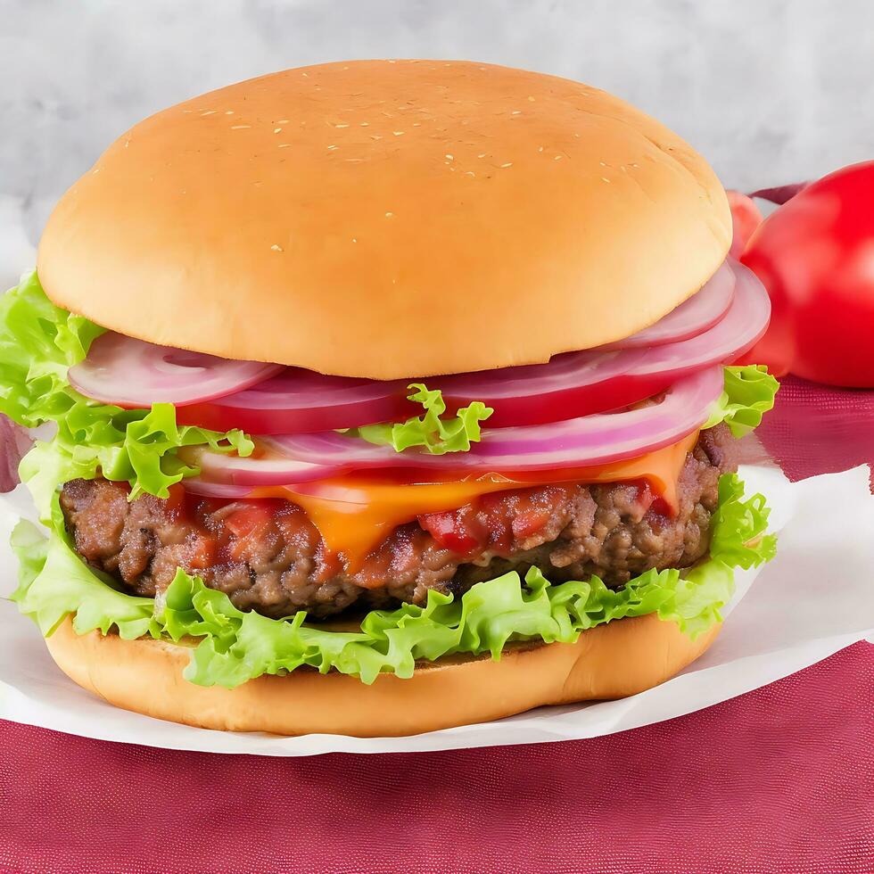 Free photo big sandwich - hamburger burger with beef, red onion, tomato and fried bacon