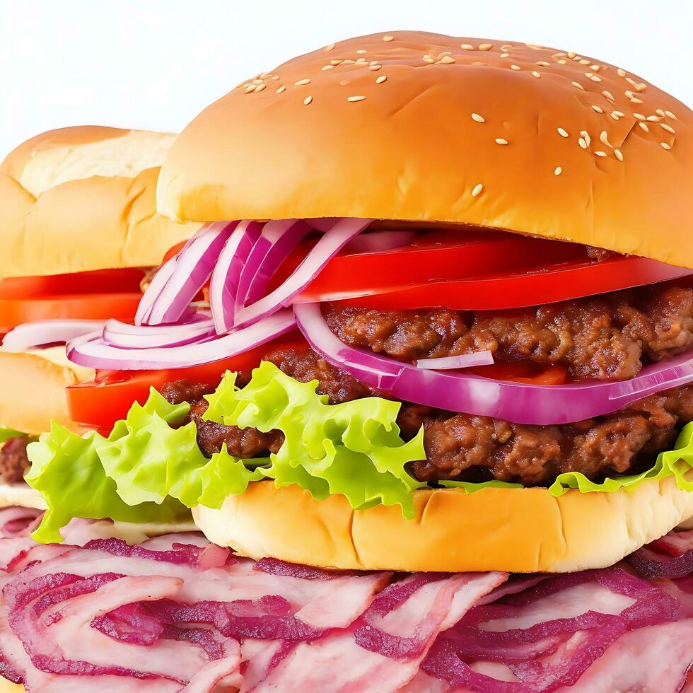 Free photo big sandwich - hamburger burger with beef, red onion, tomato and fried bacon