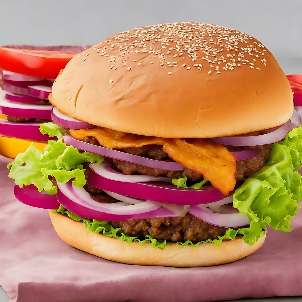 Free photo big sandwich - hamburger burger with beef, red onion, tomato and fried bacon