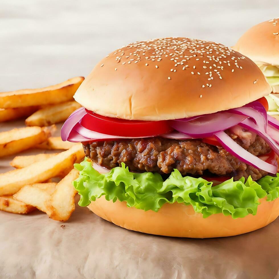 Free photo big sandwich - hamburger burger with beef, red onion, tomato and fried bacon
