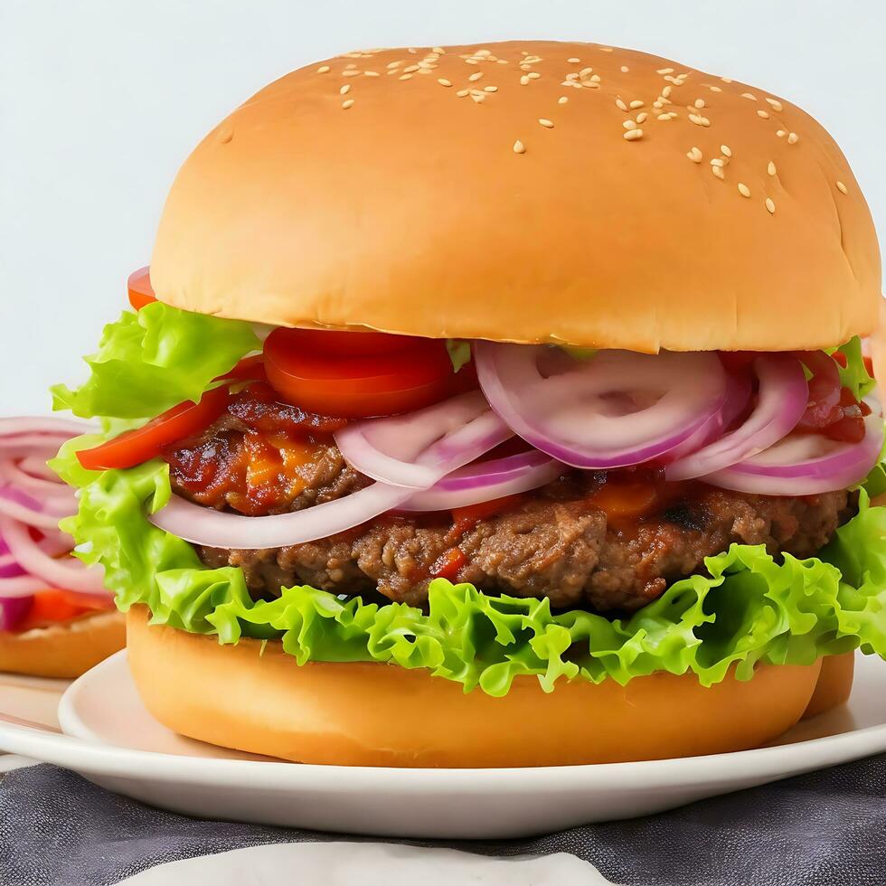 Free photo big sandwich - hamburger burger with beef, red onion, tomato and fried bacon