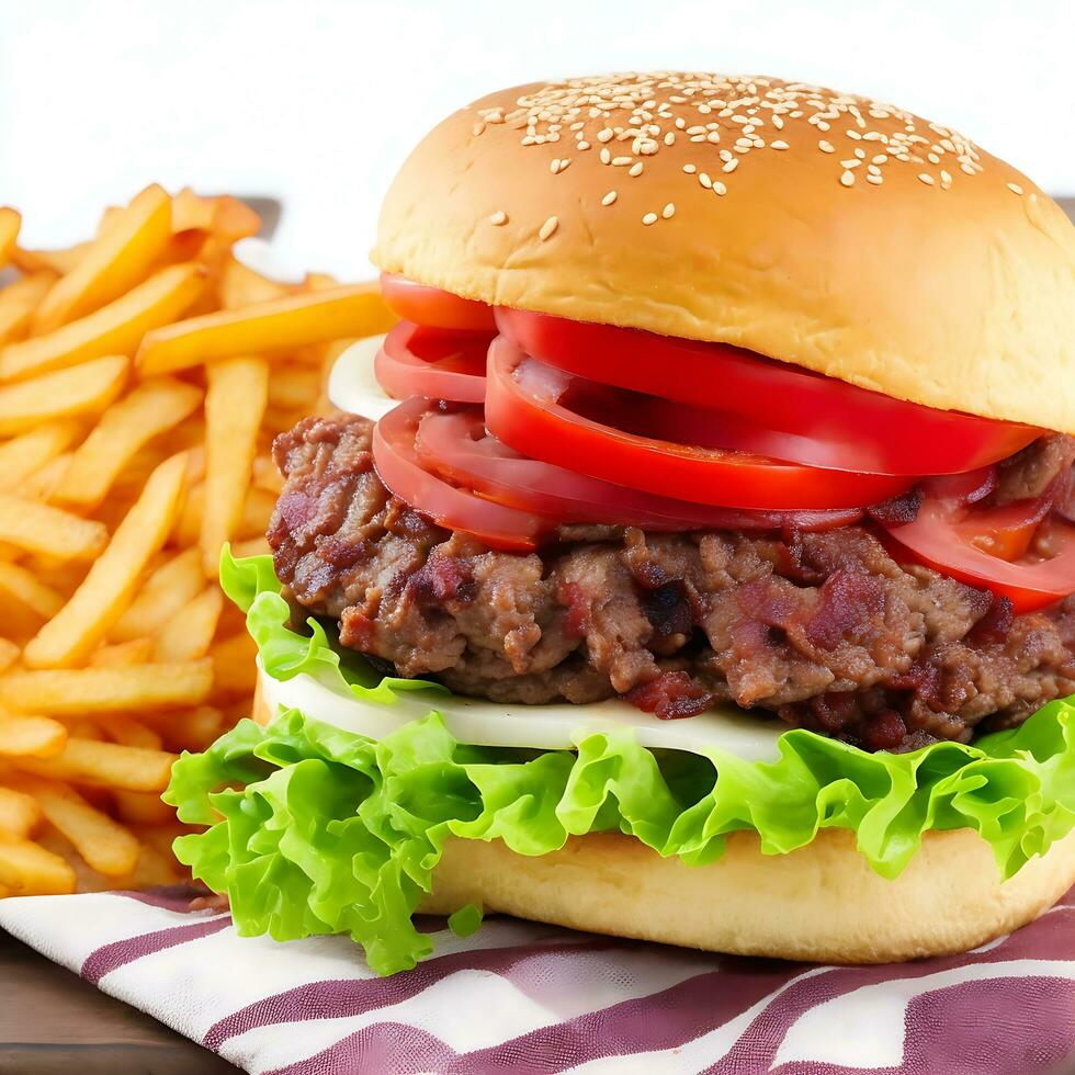 Free photo big sandwich - hamburger burger with beef, red onion, tomato and fried bacon