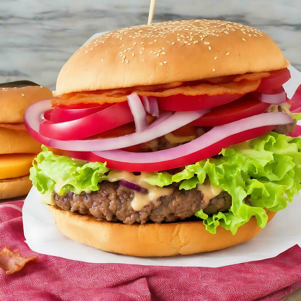 Free photo big sandwich - hamburger burger with beef, red onion, tomato and fried bacon