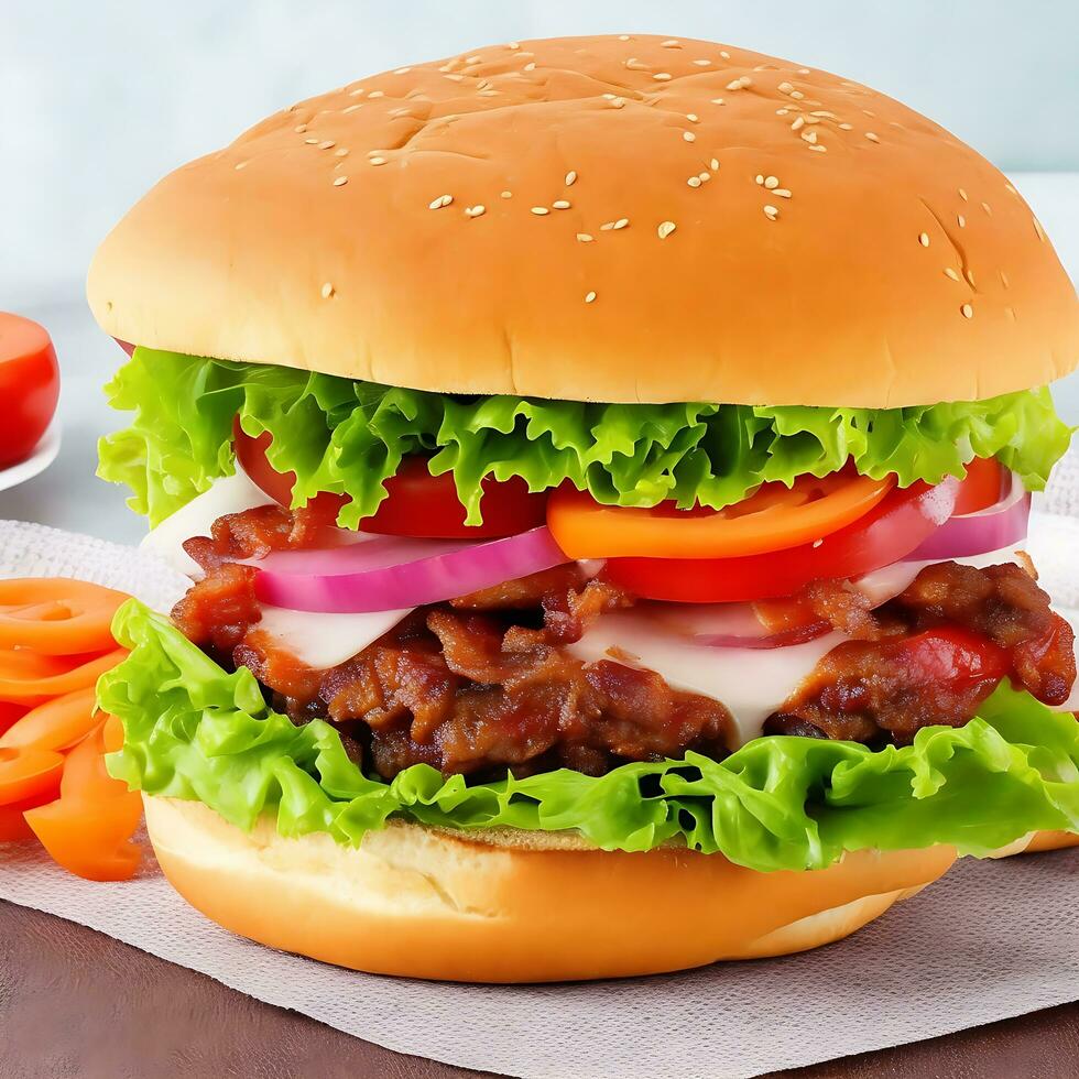 Free photo big sandwich - hamburger burger with beef, red onion, tomato and fried bacon