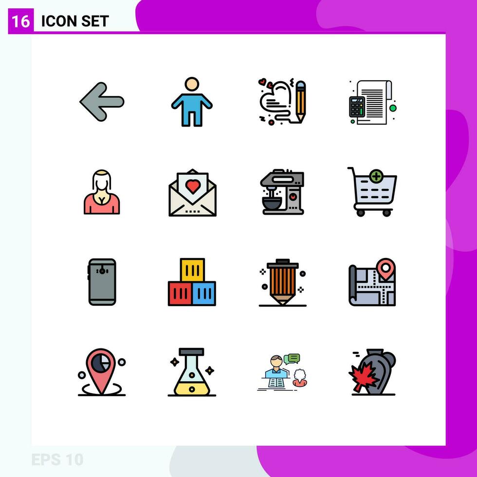 16 Universal Flat Color Filled Line Signs Symbols of actress calculator heart calculation accounting Editable Creative Vector Design Elements