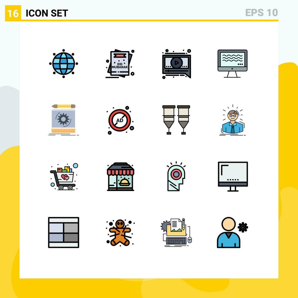 16 Thematic Vector Flat Color Filled Lines and Editable Symbols of process draft chat digital streaming Editable Creative Vector Design Elements