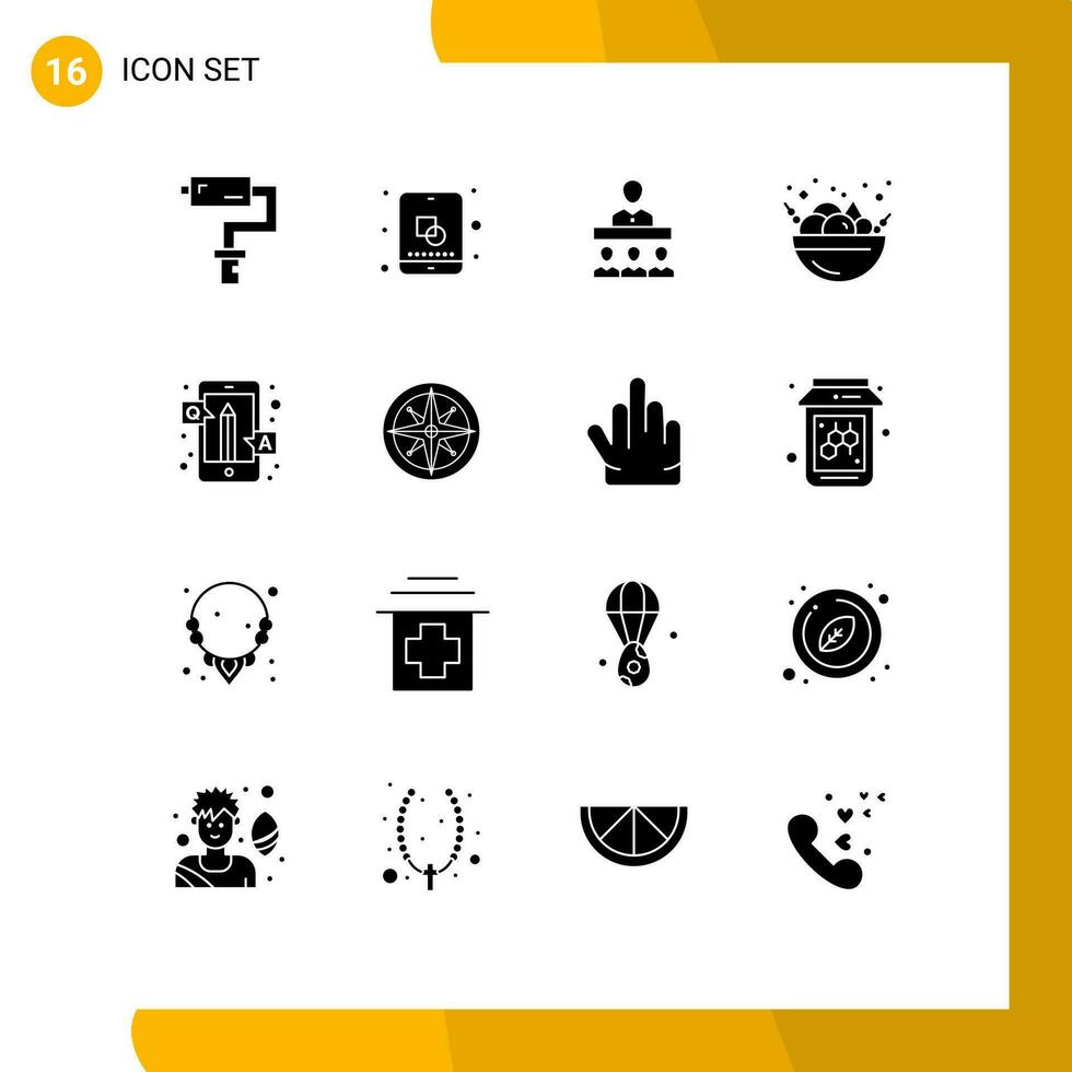 16 Thematic Vector Solid Glyphs and Editable Symbols of online answers meeting fruit salad food Editable Vector Design Elements