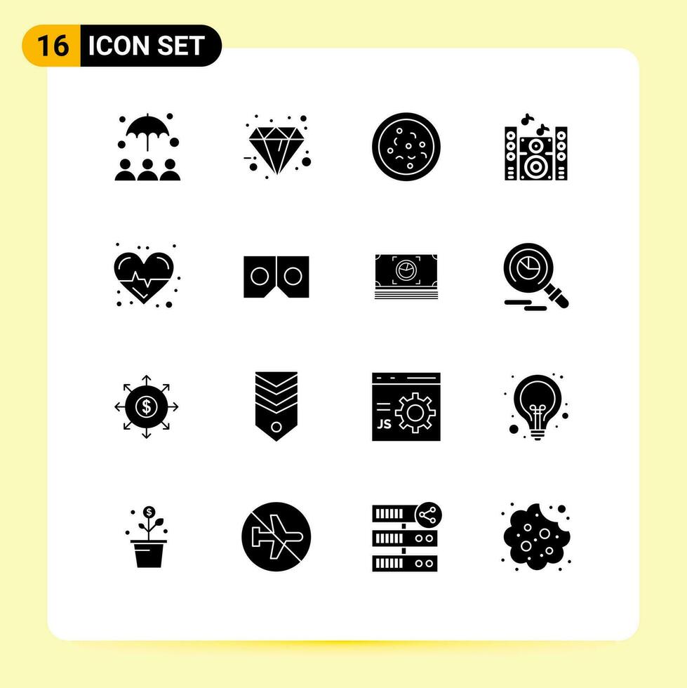 16 Thematic Vector Solid Glyphs and Editable Symbols of care heart pizza beat sound Editable Vector Design Elements