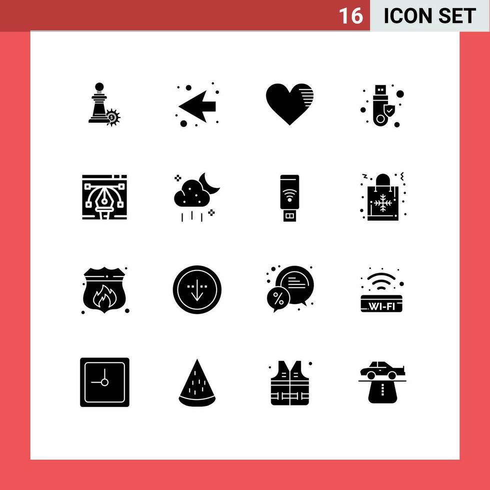 16 Thematic Vector Solid Glyphs and Editable Symbols of designing usb love token security Editable Vector Design Elements