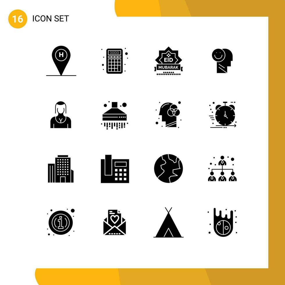 16 Thematic Vector Solid Glyphs and Editable Symbols of optimism human eid happy decoration Editable Vector Design Elements