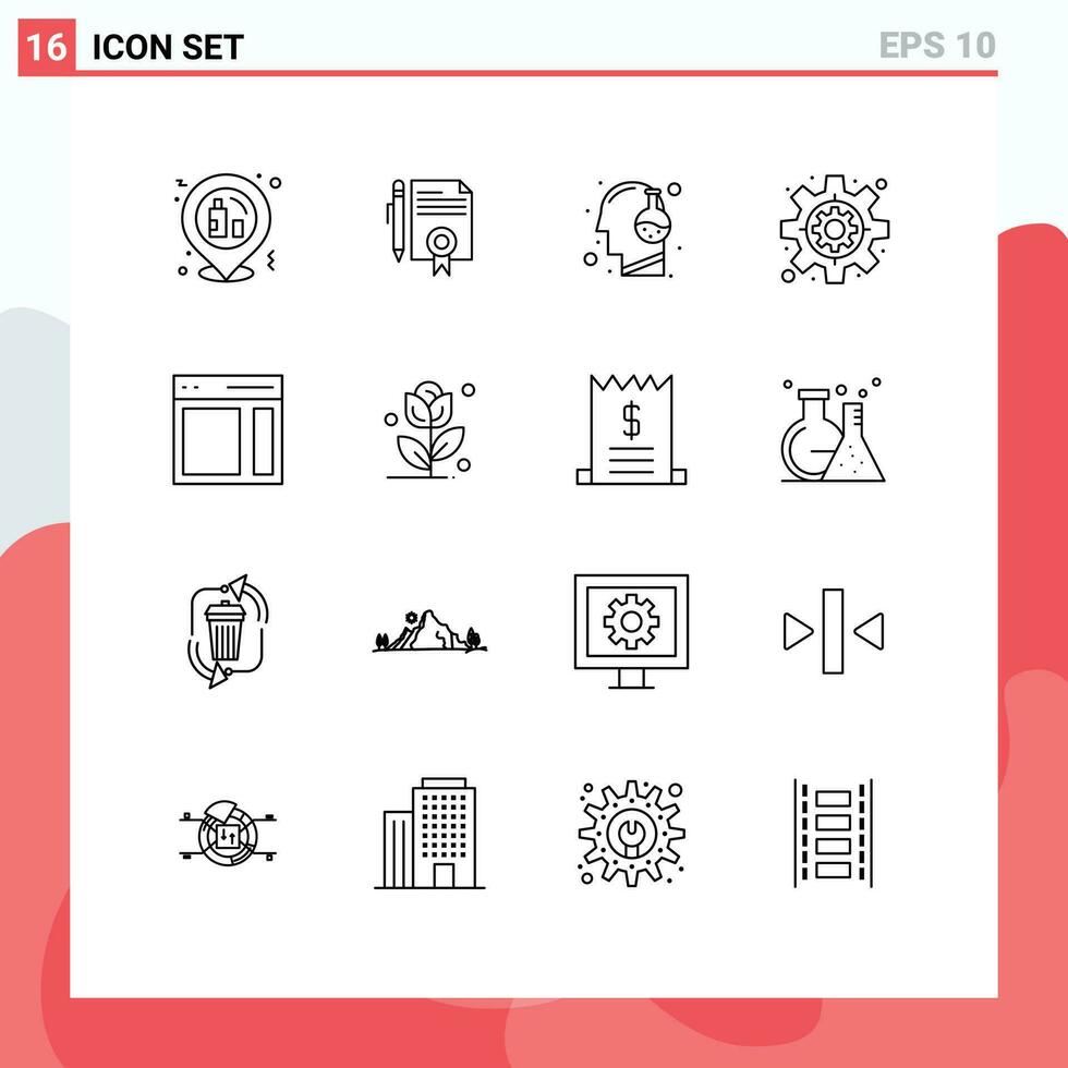 16 Thematic Vector Outlines and Editable Symbols of communication gear page business mind Editable Vector Design Elements