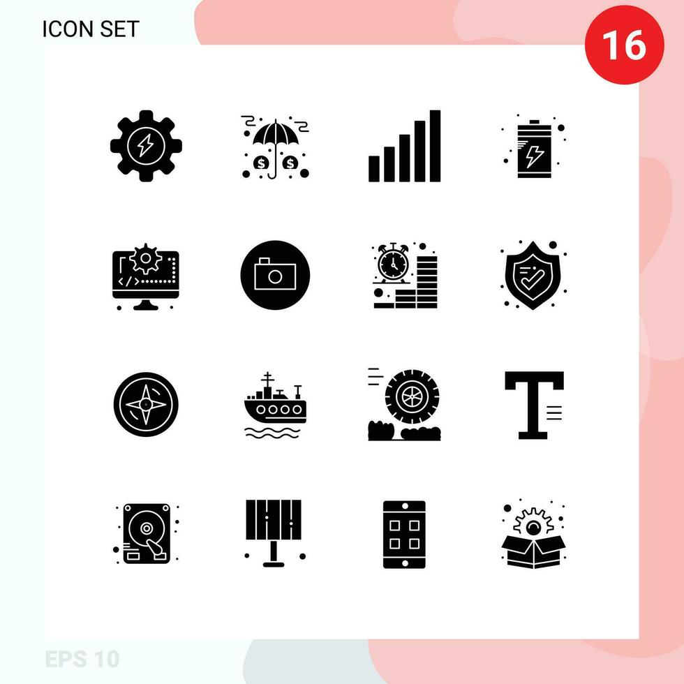 16 Thematic Vector Solid Glyphs and Editable Symbols of gear coding connection computer charge Editable Vector Design Elements