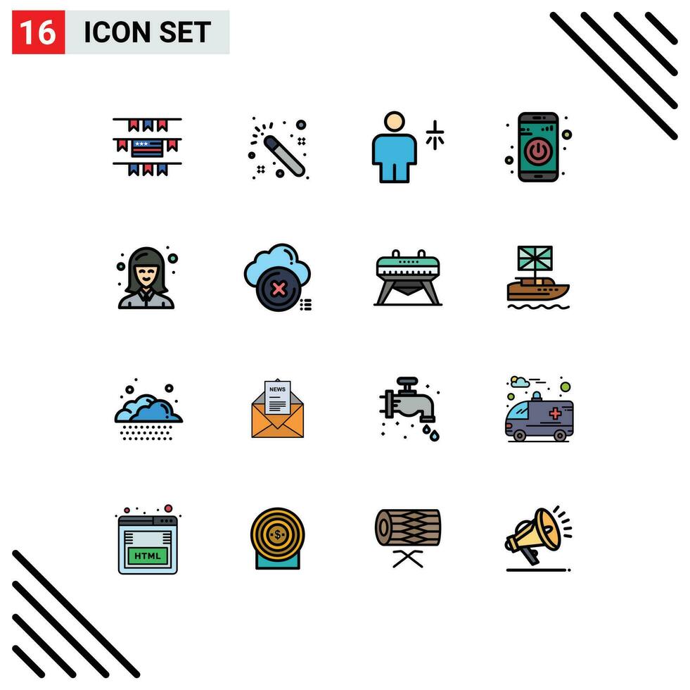 16 Thematic Vector Flat Color Filled Lines and Editable Symbols of student female human turn on switch Editable Creative Vector Design Elements