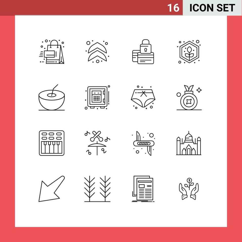 16 Thematic Vector Outlines and Editable Symbols of coconut plant card grow security Editable Vector Design Elements