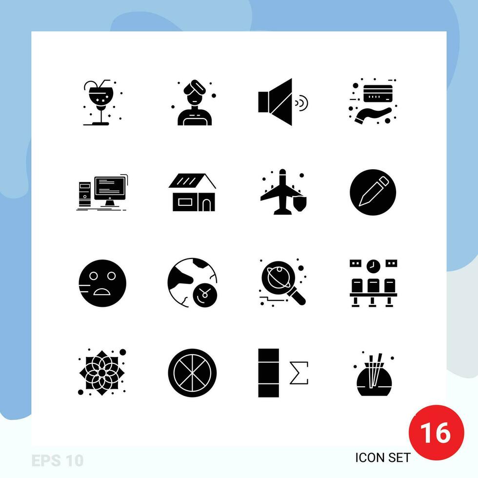 16 Thematic Vector Solid Glyphs and Editable Symbols of pc desktop mute computer credit Editable Vector Design Elements