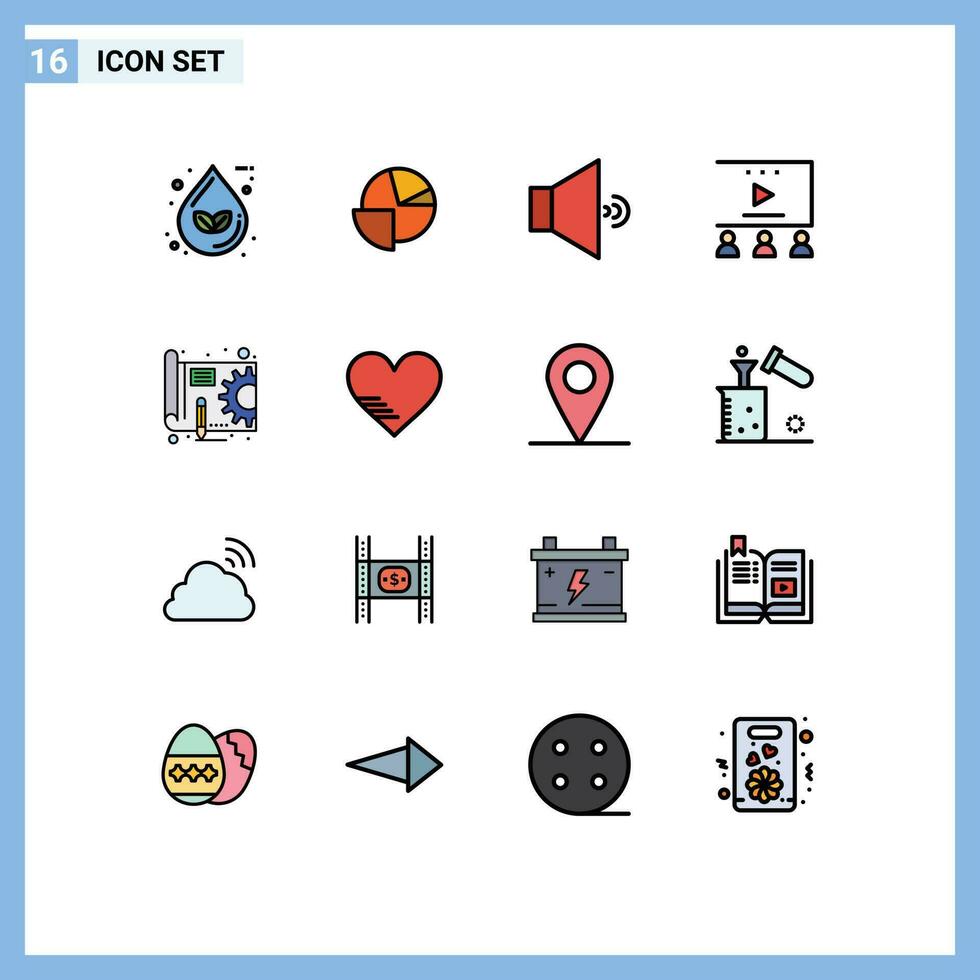 16 Thematic Vector Flat Color Filled Lines and Editable Symbols of plan video tutorials graph video advertising online advertisement Editable Creative Vector Design Elements