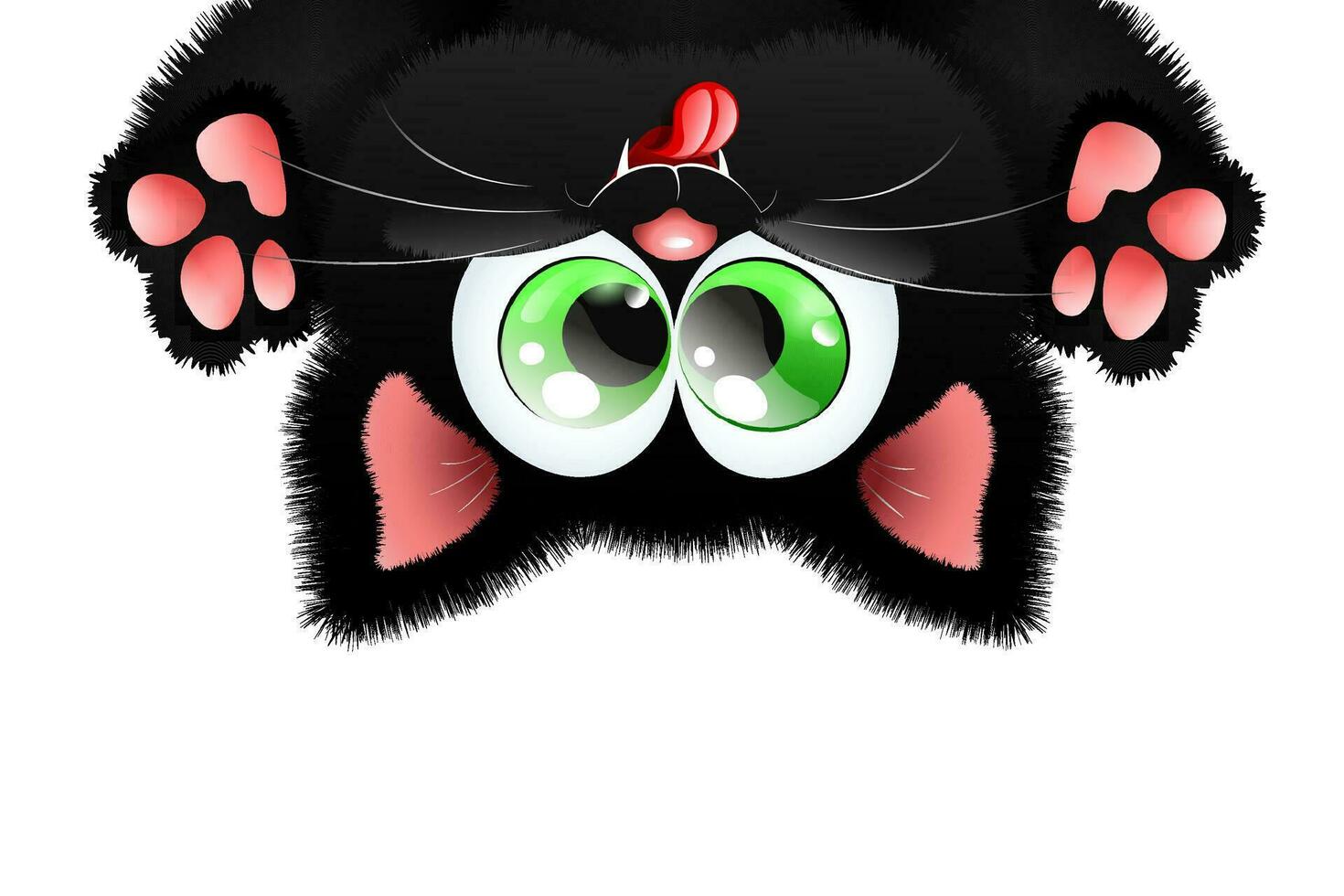 Cute fluffy crazy little black cartoon cat with tongue out, hanging upside down. vector