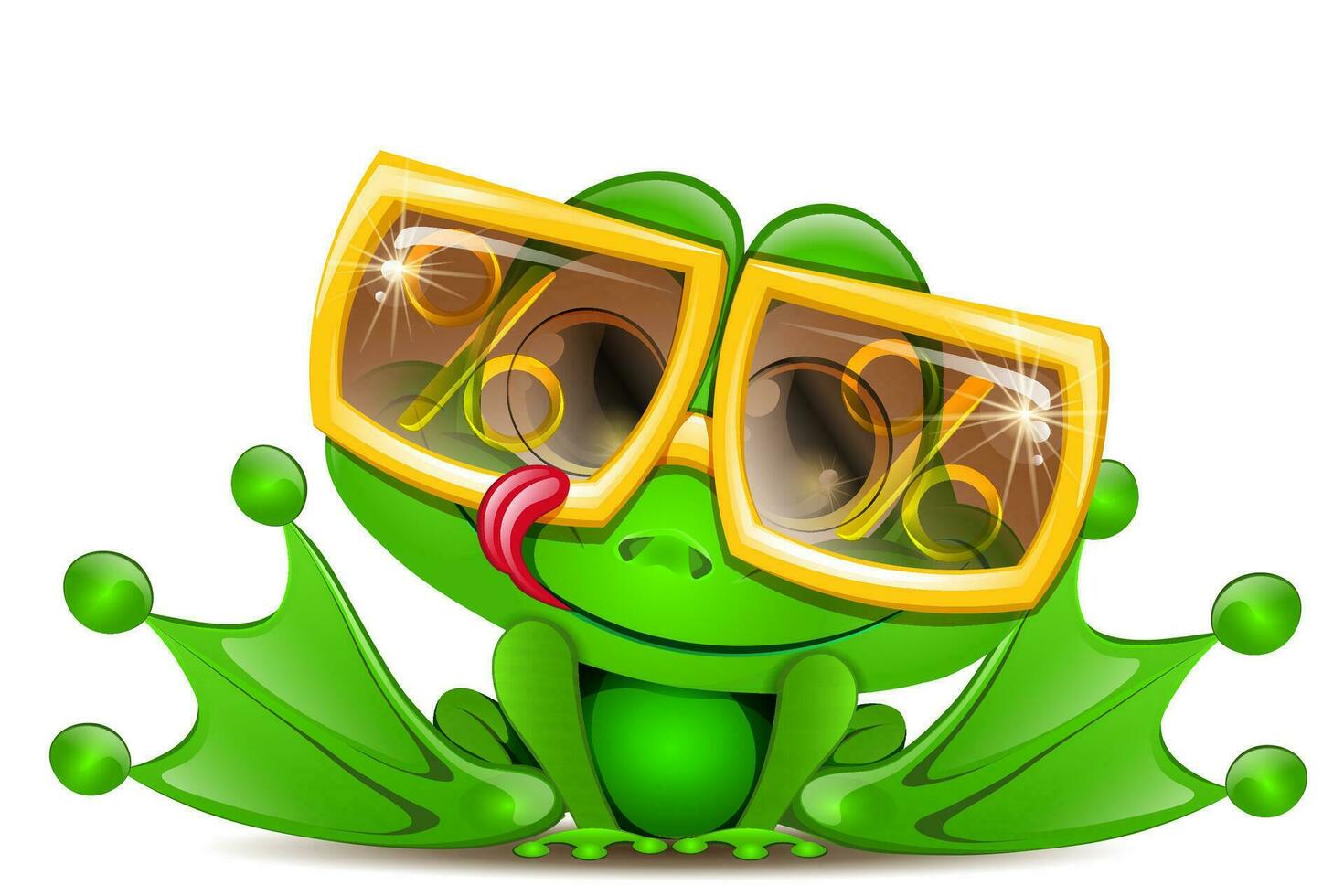 Funny cute licking cartoon frog in the yellow sunglasses with percentage signs vector