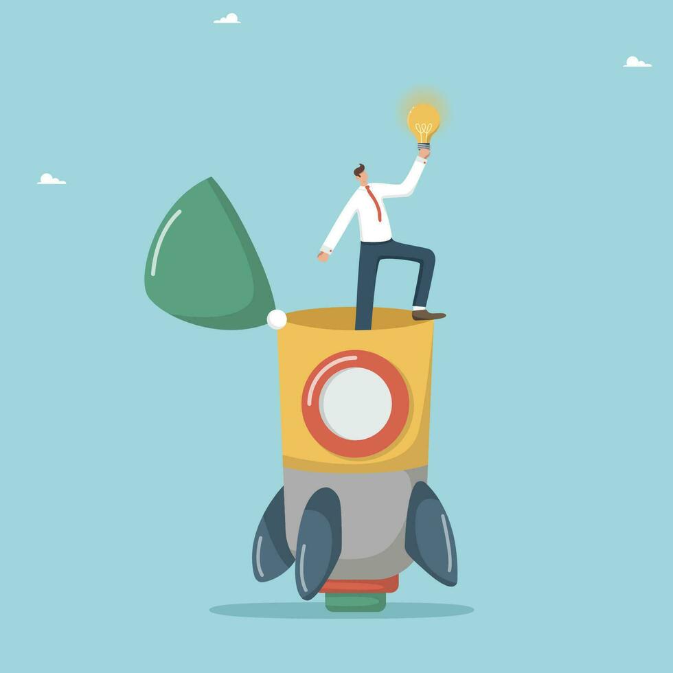 Creativity and brainstorming for fast career growth, innovations for success and income growth, genius ideas for solving work tasks and business development, man with light bulb peeks out from rocket. vector