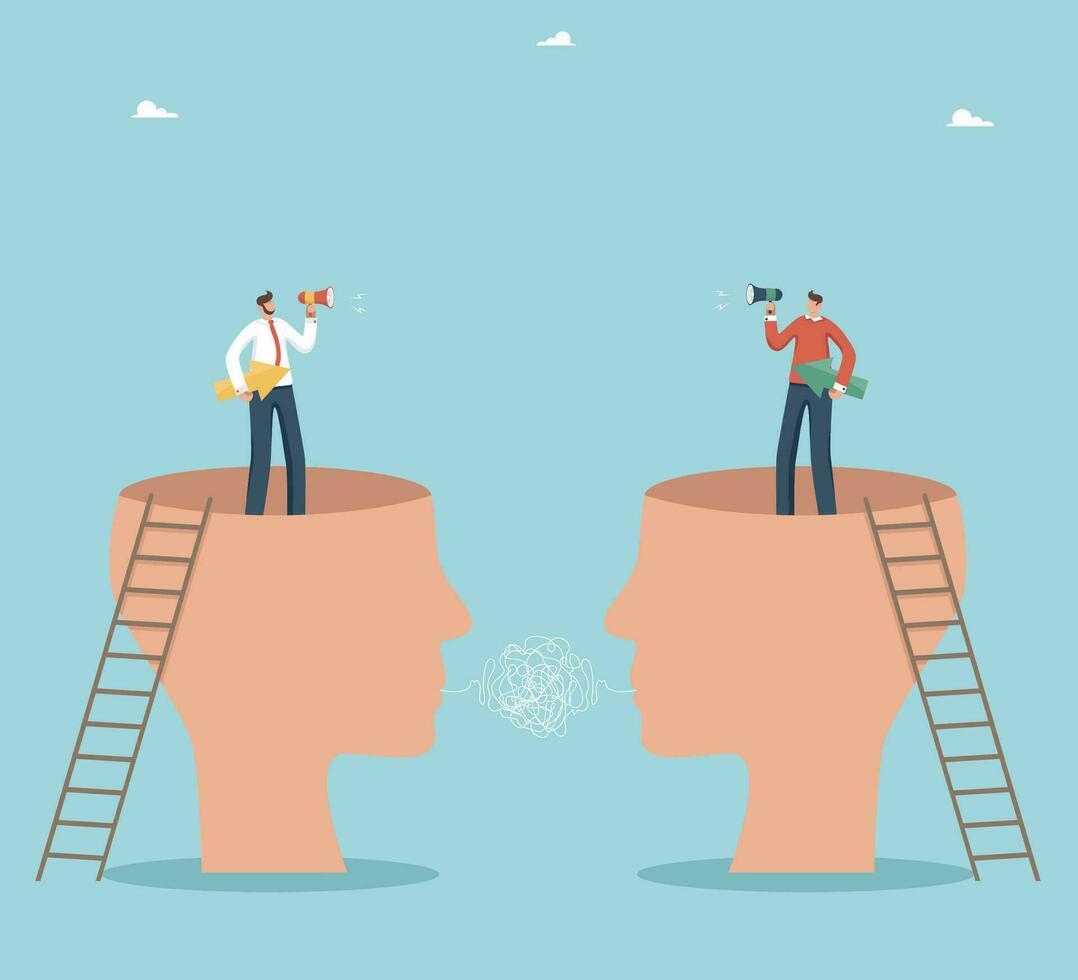 Opposite vision of business and team conflict, difference in ways and methods of achieving goals, contradictions in decision making, businessmen stand in big heads and argue with arrows in their hands vector