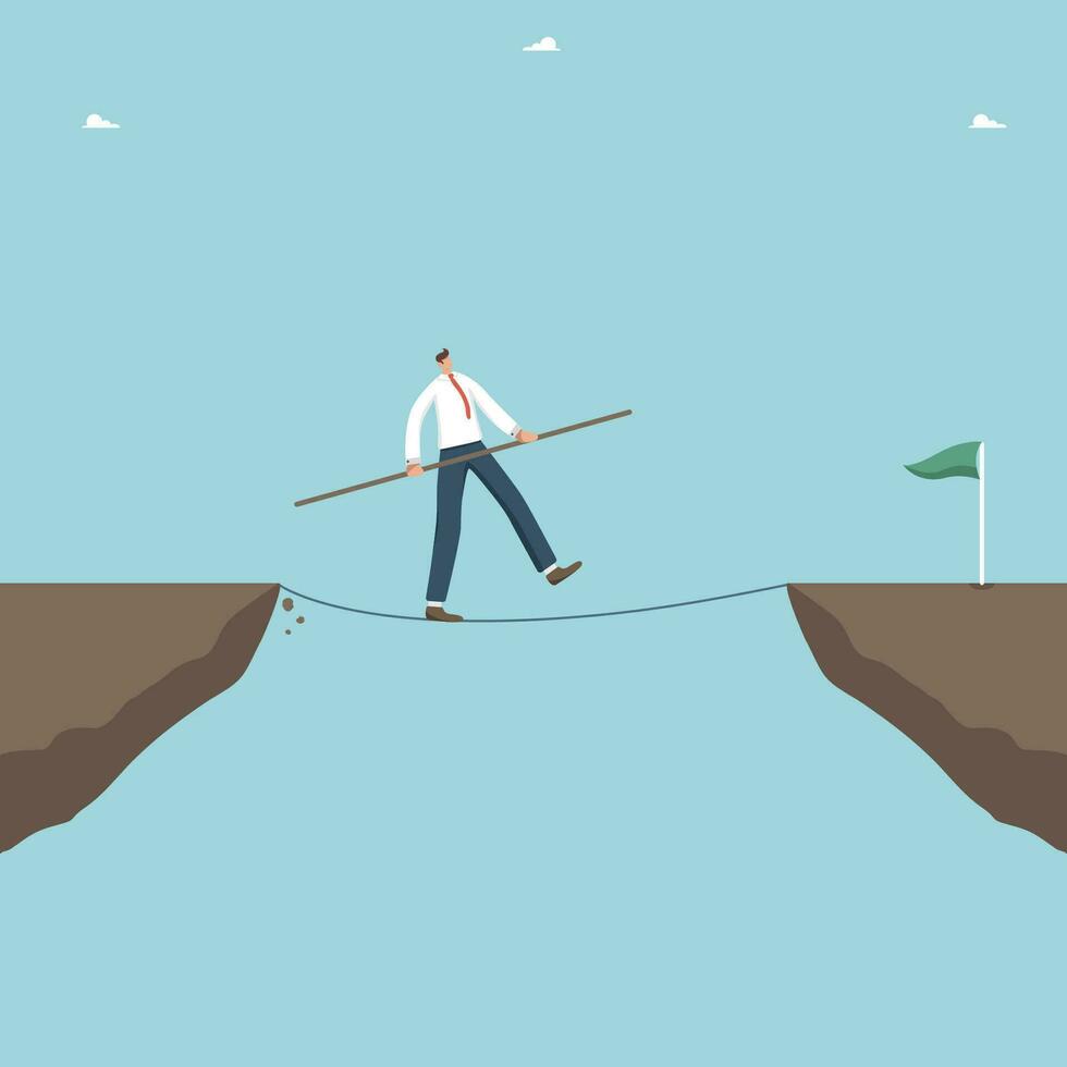 Move on the right business strategy, search for new opportunities, direction to achieve goals and solve problems, plan for further business development, a man walks a tightrope over a cliff. vector