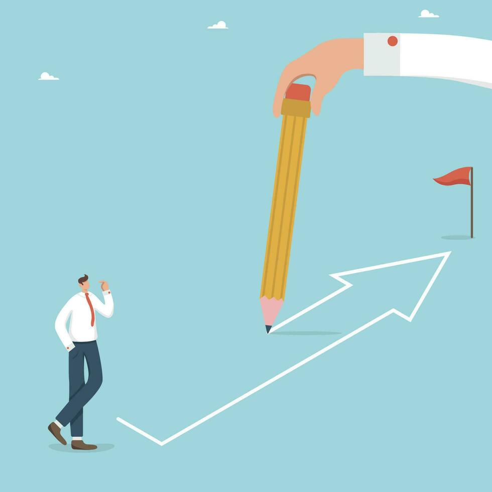 Help and mentoring during the workflow or project, creative thinking and logic to solve the tasks, planning and analysis of business strategies to achieve goals, thinking man near the underdrawn arrow vector