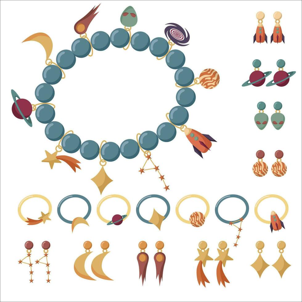 Collection of vector jewelry and children's ornaments. Bracelet made of handmade plastic beads with space-themed pendants. Fashionable colorful rings and earrings. Star, moon, rocket, planet, comet.