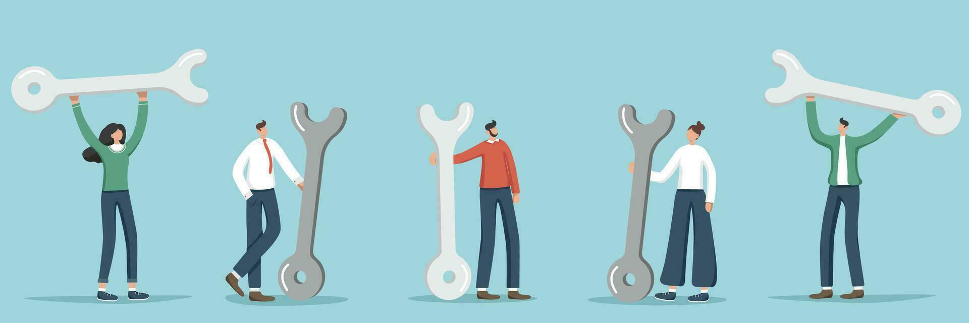 Set of illustrations of random people with wrenches. Technical support and service. Assistance in setting up and optimizing the workplace, solving difficult situations under unforeseen circumstances. vector