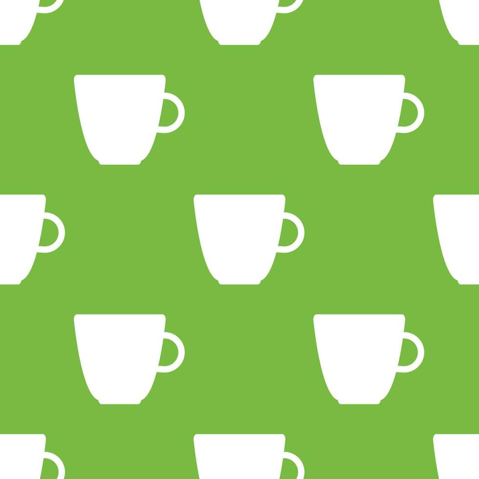 Simple vector tea background. Repetitive geometric tea icons. Seamless pattern with tea cups on green background