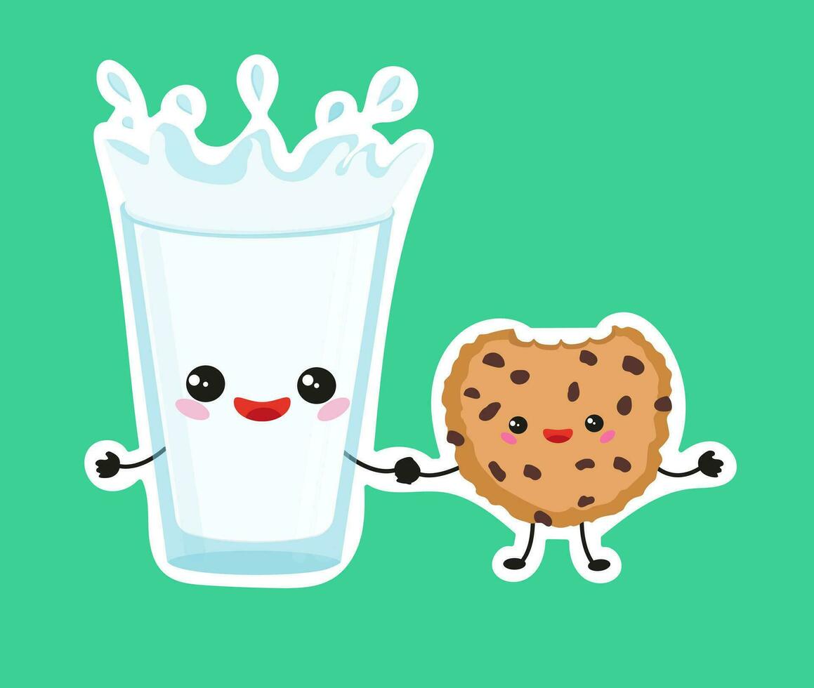 lindo vaso alegre de leche y galletas. ilustración de dibujos animados de vectores