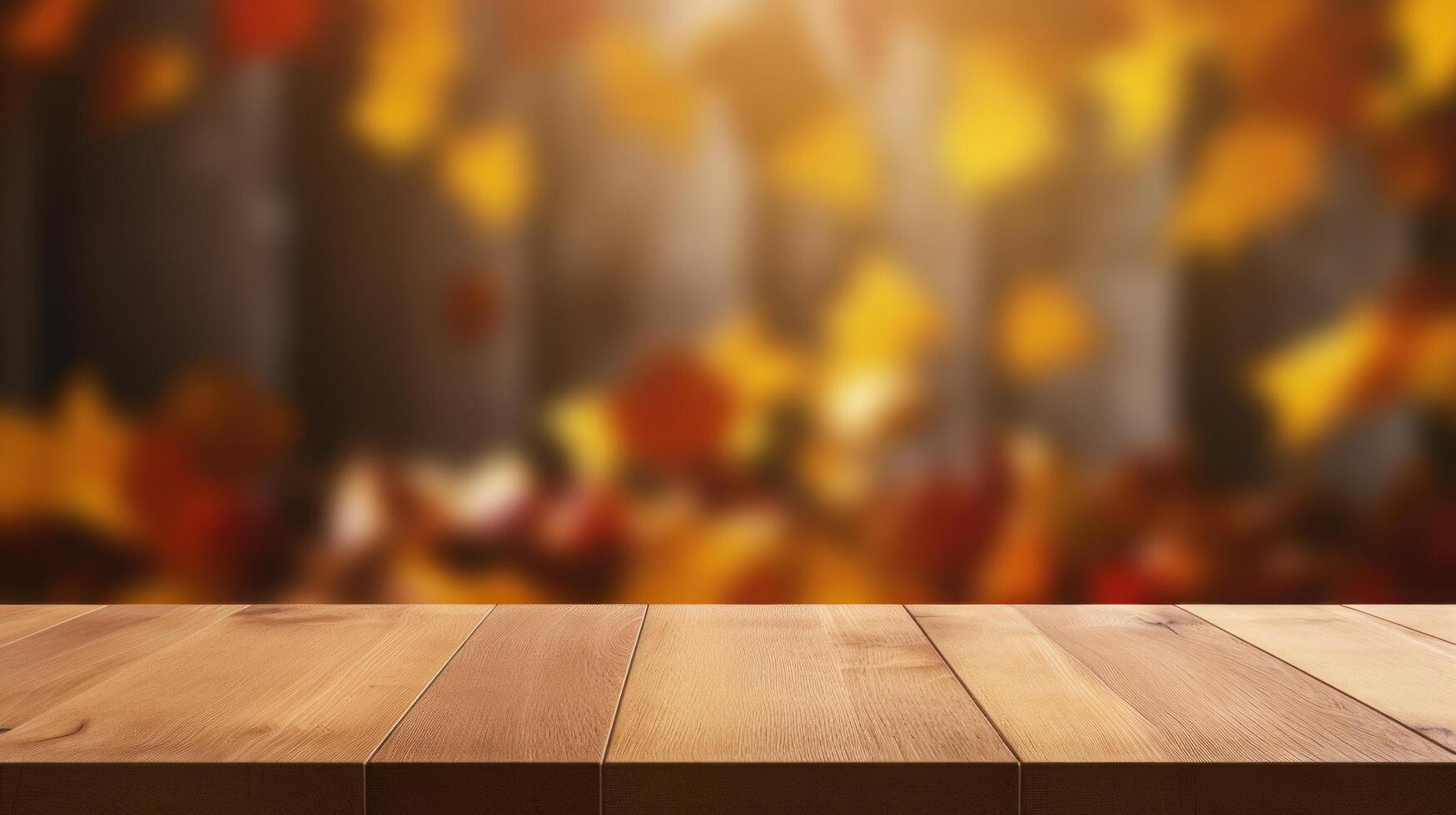 Empty Wooden Table for Product Display on Autumn Nature Background. photo