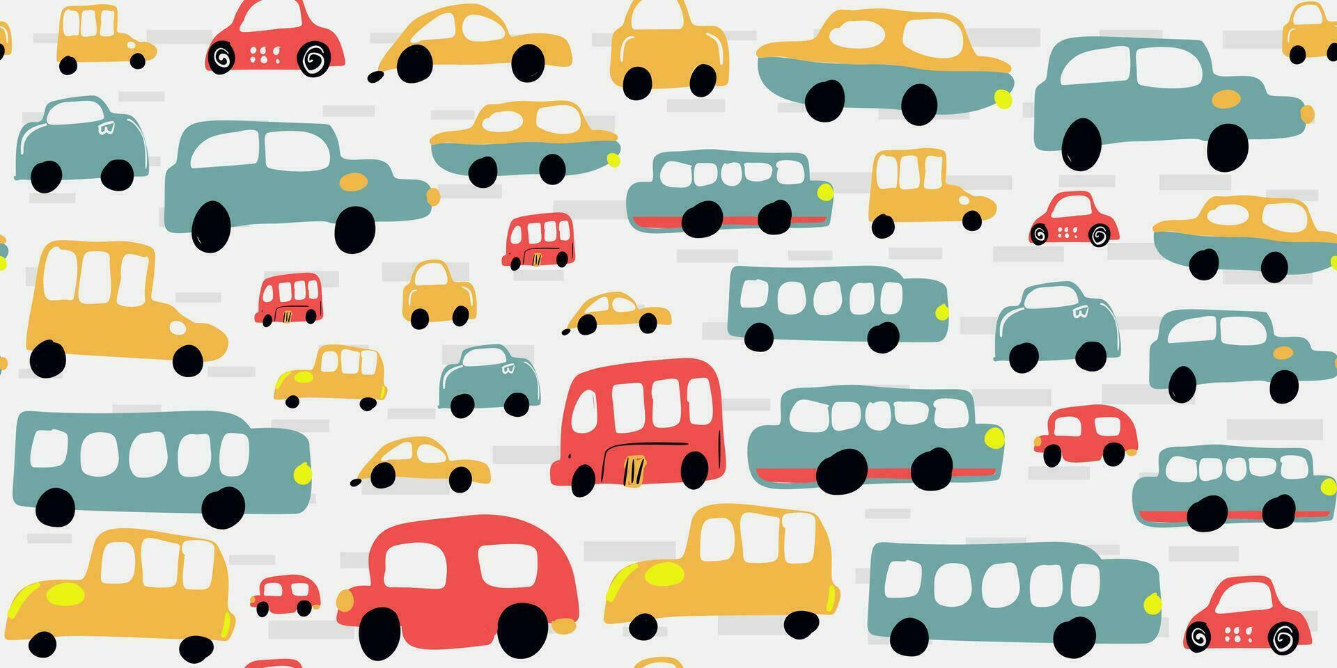 Seamless Pattern Cartoon vehicles, funny car toys, and playful characters for kids. Perfect for book covers, wallpapers, baby showers, apparel. vector