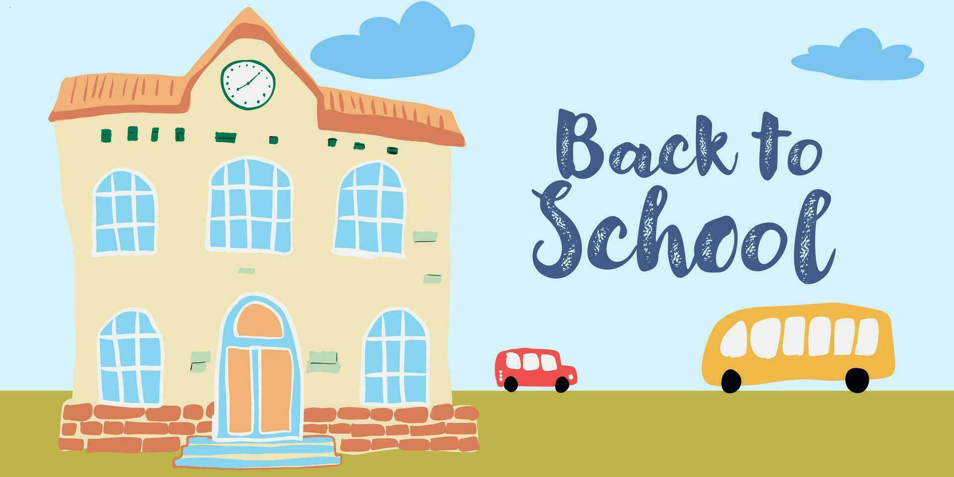 Back to School Education Illustration with Building and lettering outdoor scene car and school bus vector