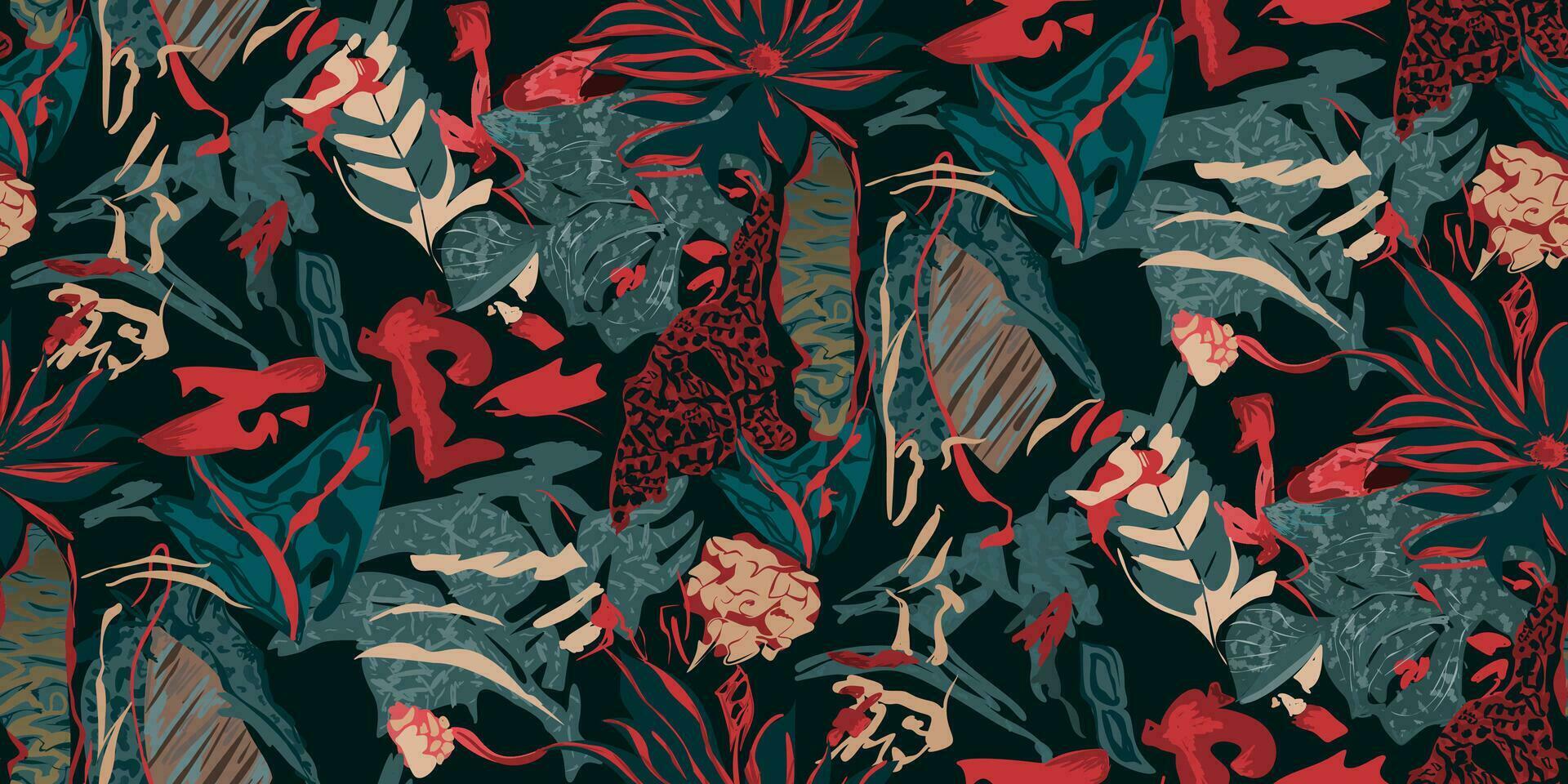 Exotic jungle plants seamless pattern prints, abstract flowers, vector graphics. Perfect for fashion, textiles, and artistic projects collection of modern creative illustrations designs.