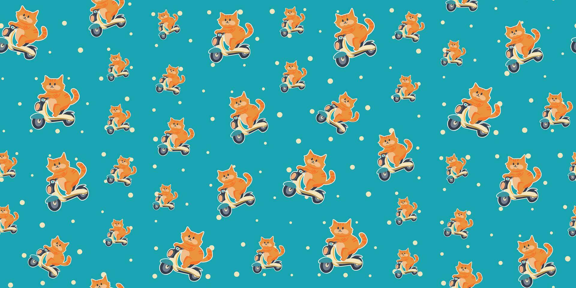 Seamless Pattern Cute Fat Cat Riding Electric Scooter Funny Cartoon Illustration. Design Poster Elements. vector