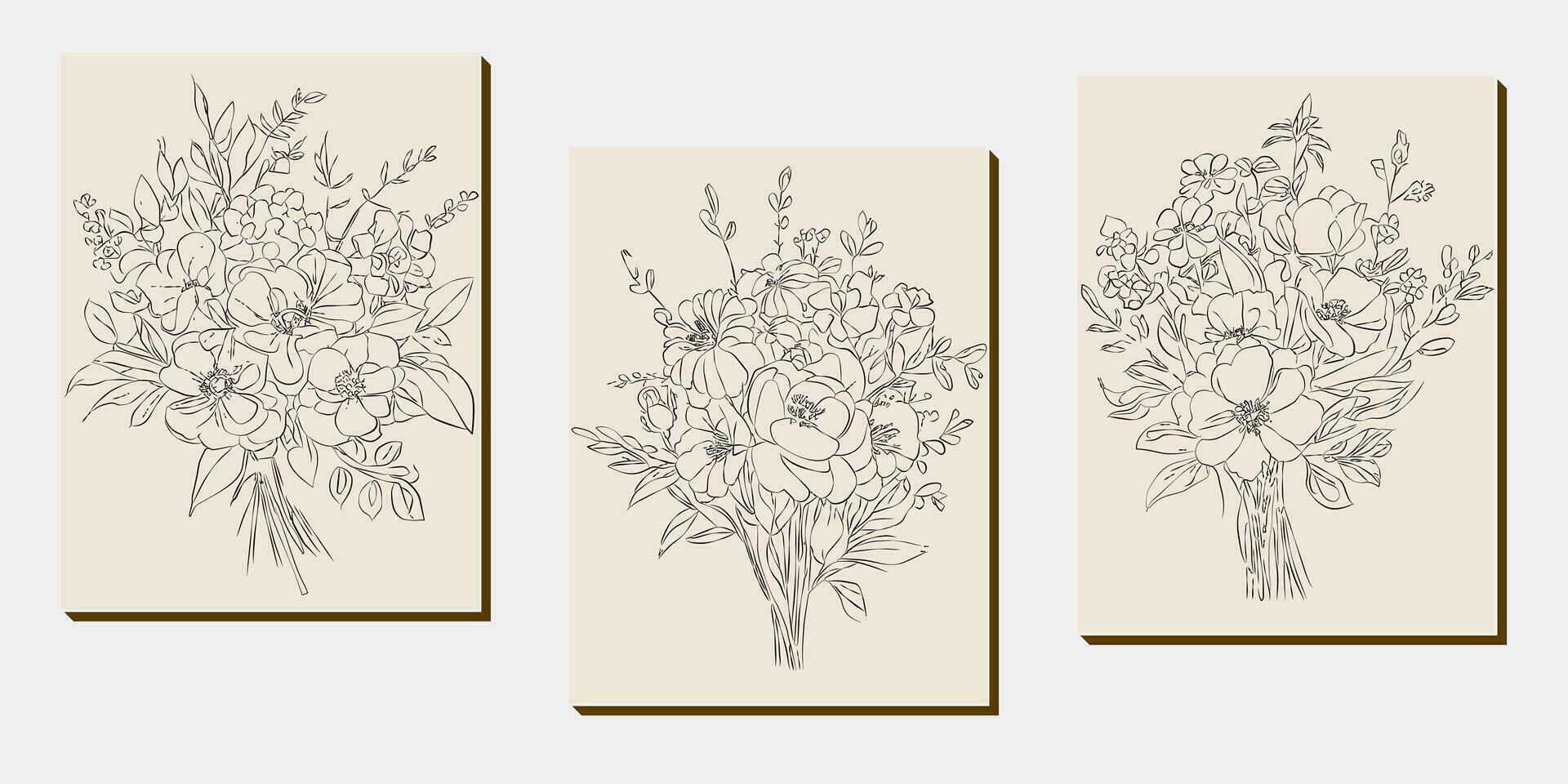 Flower bouquet line art, black and white floral set collection bundle handdrawn, branch, foliage, leaf minimal antique retro contemporary ink drawing for decor wedding invitation and poster card vector
