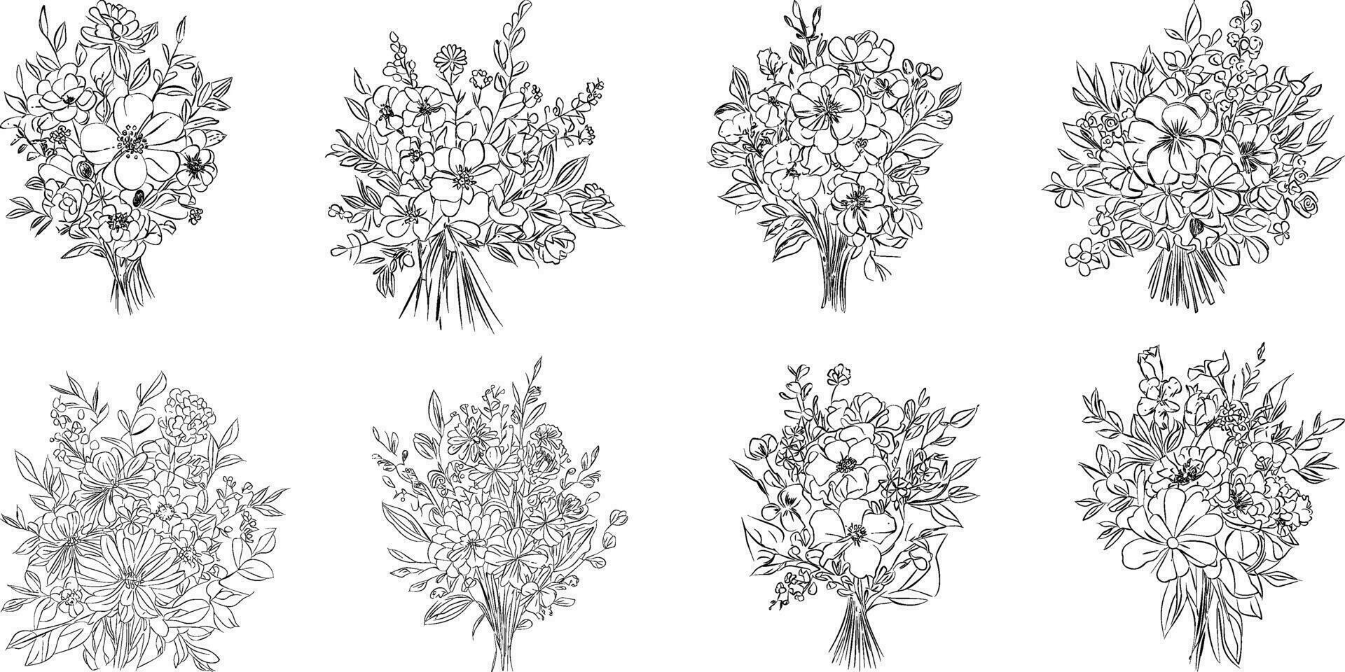 flor ramo de flores línea arte, negro y blanco floral conjunto colección haz dibujado a mano, rama, follaje, hoja mínimo antiguo retro contemporáneo tinta dibujo para decoración Boda invitación y póster tarjeta. vector