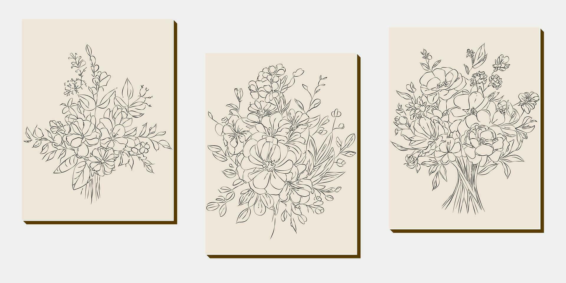 Flower bouquet line art, black and white floral set collection bundle handdrawn, branch, foliage, leaf minimal antique retro contemporary ink drawing for decor wedding invitation and poster card vector