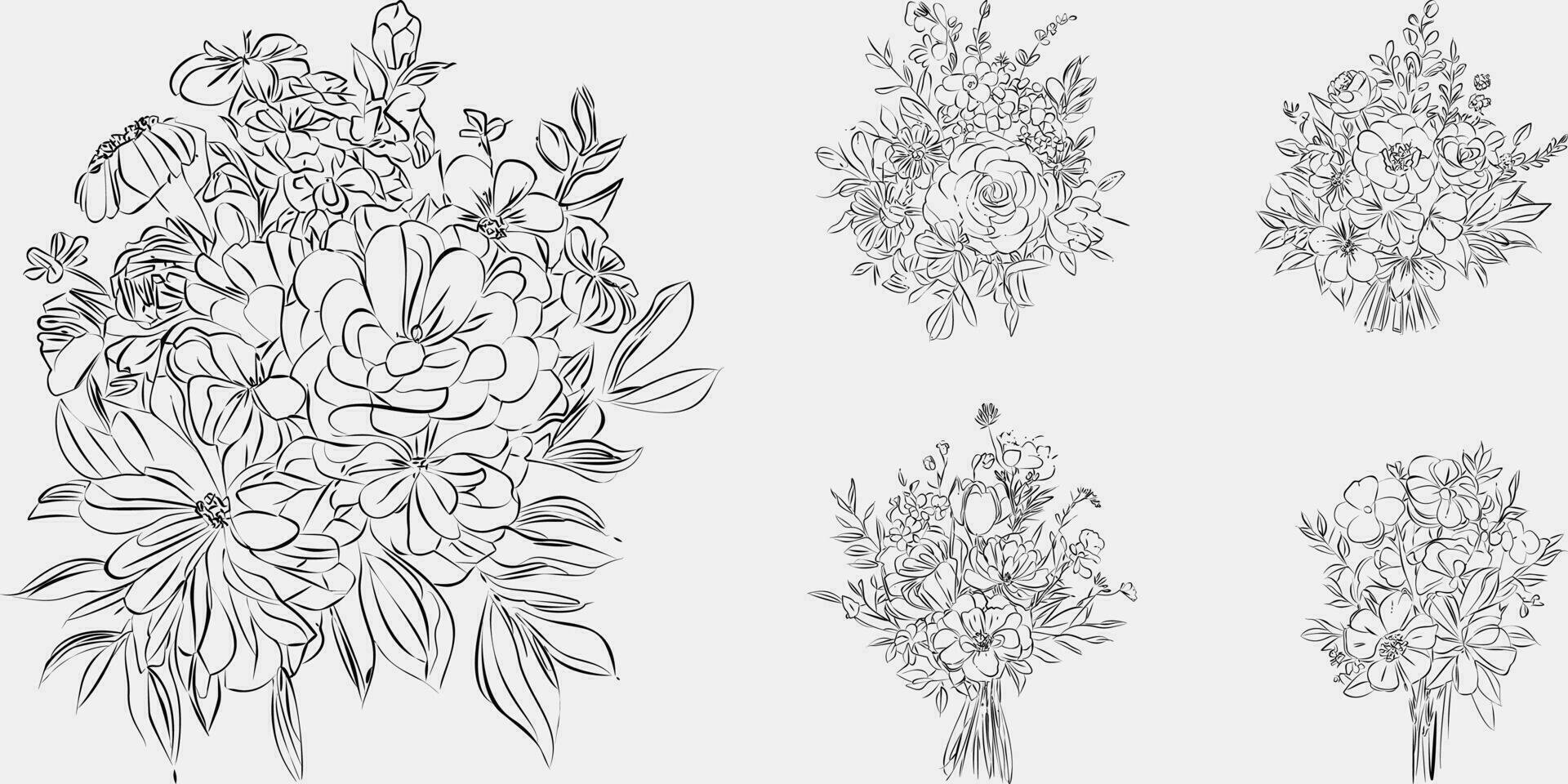 Flower bouquet line art, black and white floral set collection bundle handdrawn, branch, foliage, leaf minimal antique retro contemporary ink drawing for decor wedding invitation and poster card. vector