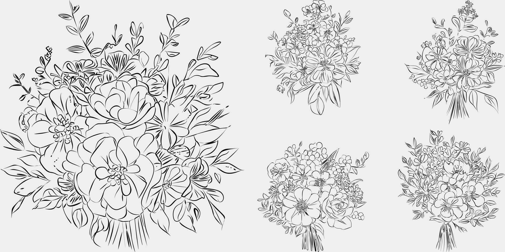 Flower bouquet line art, black and white floral set collection bundle handdrawn, branch, foliage, leaf minimal antique retro contemporary ink drawing for decor wedding invitation and poster card. vector